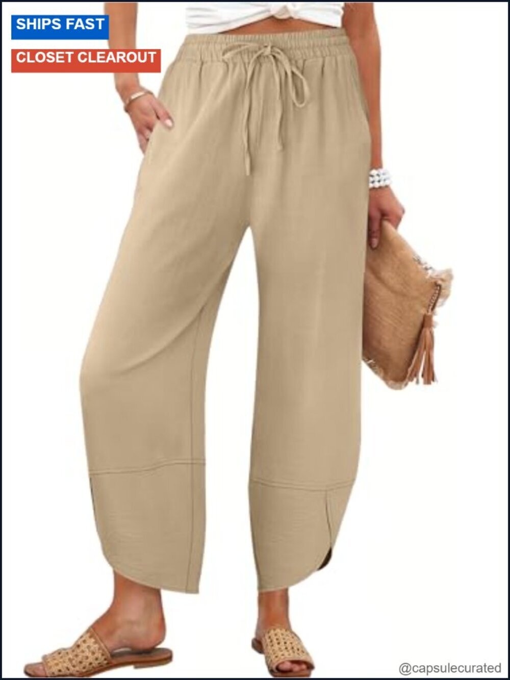Wide Leg Barrel Pants with Pockets | Linen Blend Drawstring High Waisted